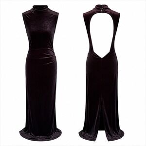 Capuffy Women Backless Velvet Maxi Dress Sexy Split Ruched Bodycon Formal Sz S